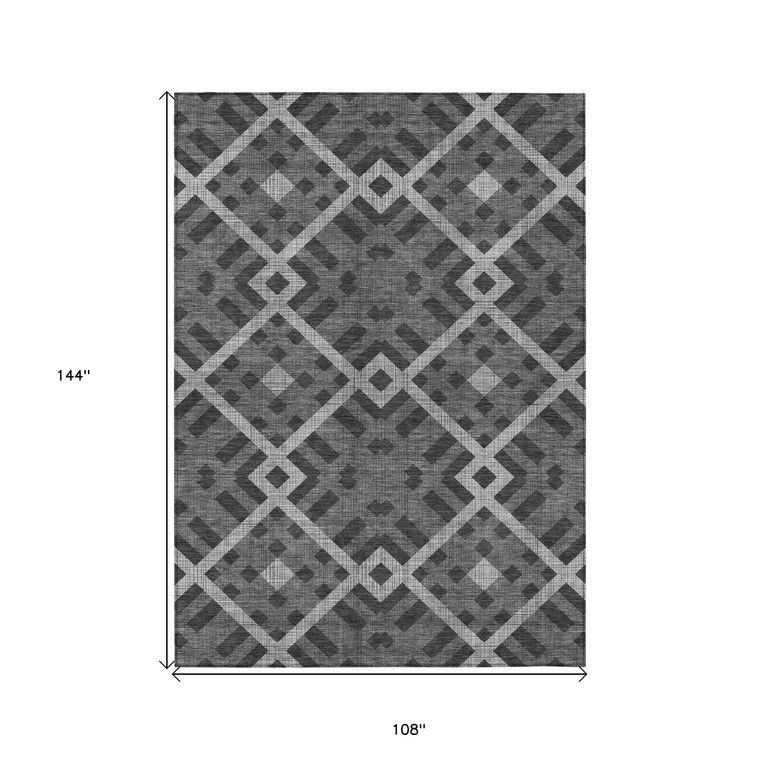 9' X 12' Charcoal Gray And Silver Geometric Washable Indoor Outdoor Area Rug