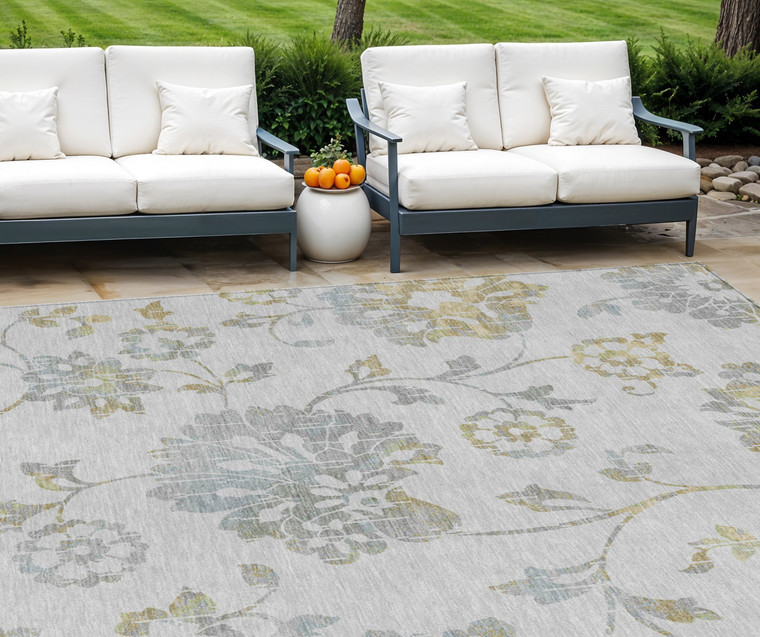 10' X 14' Silver Gray And Gold Floral Washable Indoor Outdoor Area Rug Transitional Style - Silver, Gray, Gold Color