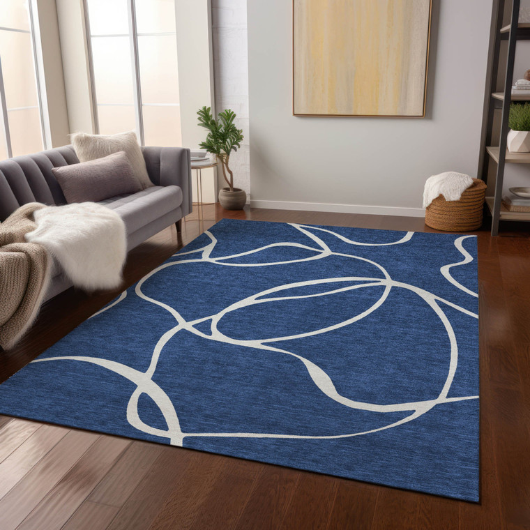 10' X 14' Navy Blue And Ivory Abstract Washable Indoor Outdoor Area Rug Transitional Style - Navy Blue, Ivory Color
