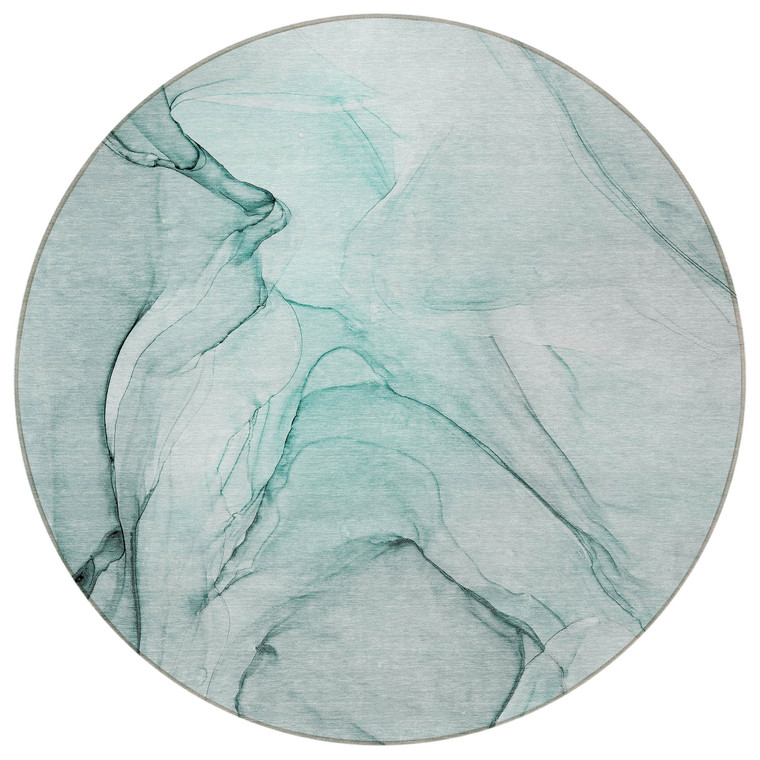 8' Round Teal Round Abstract Washable Non Skid Indoor Outdoor Area Rug - Teal Blue