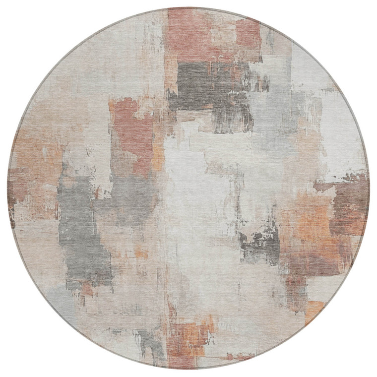 8' Rust And Ivory Round Abstract Washable Indoor Outdoor Area Rug