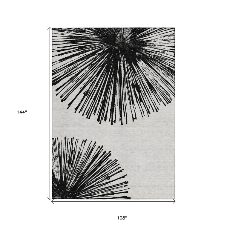 9' X 12' Black And Ivory Abstract Washable Indoor Outdoor Area Rug
