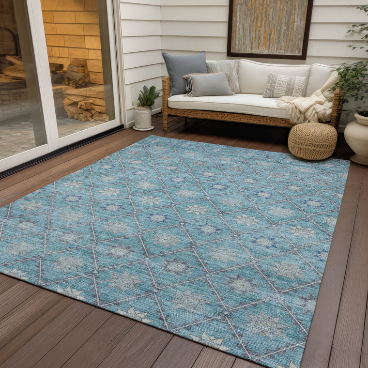 9' X 12' Teal Blue And Gray Floral Washable Indoor Outdoor Area Rug - Teal Blue, Gray