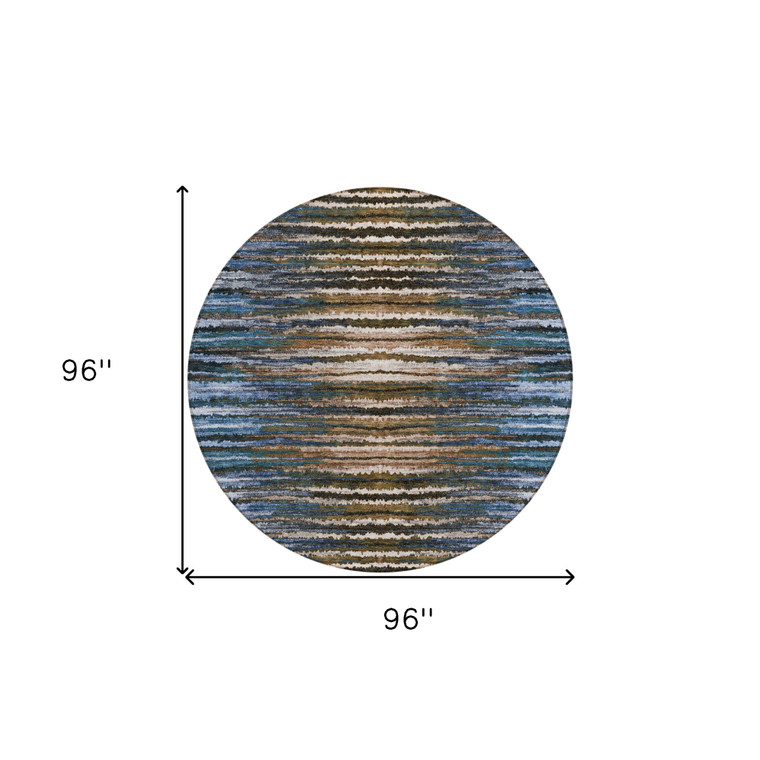 8' Blue Brown And Sky Blue Round Striped Washable Indoor Outdoor Area Rug