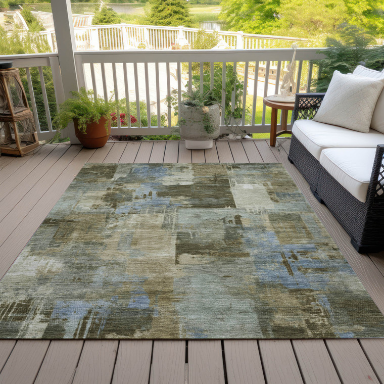 8' X 10' Green Gray And Sky Blue Abstract Washable Indoor Outdoor Area Rug