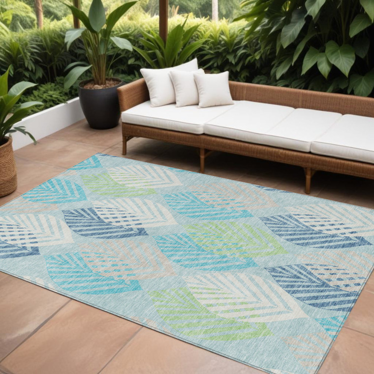 8' X 10' Teal Blue Aqua And Navy Blue Floral Washable Indoor Outdoor Area Rug