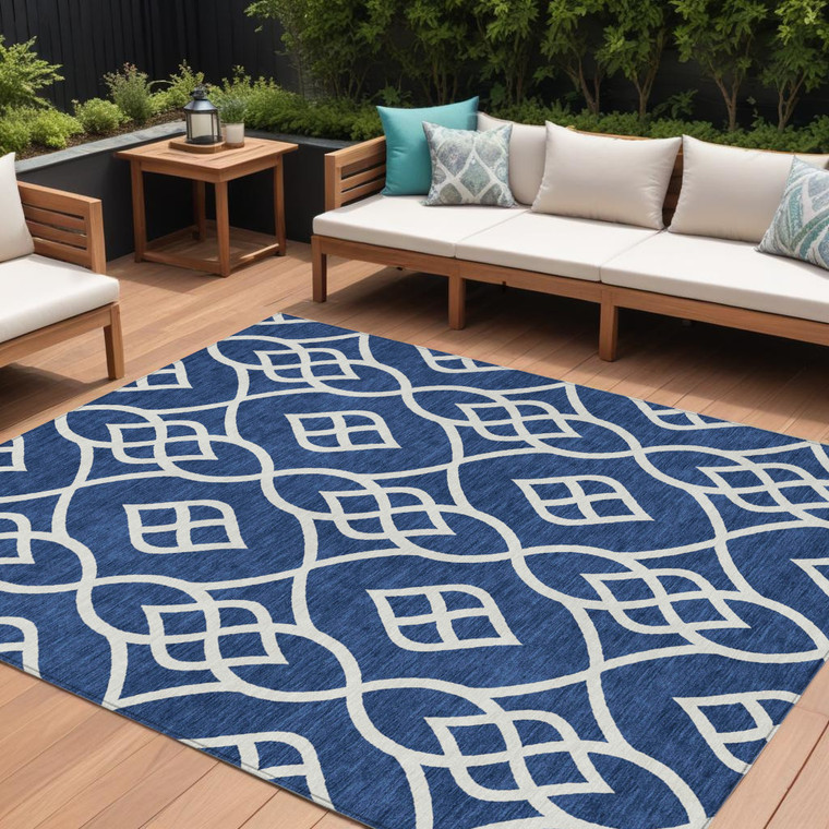 8' X 10' Navy Blue And Ivory Trellis Washable Indoor Outdoor Area Rug