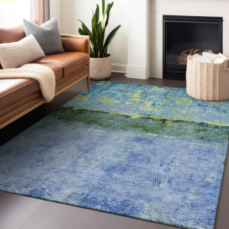 8' X 10' Blue And Lime Green Abstract Washable Indoor Outdoor Area Rug