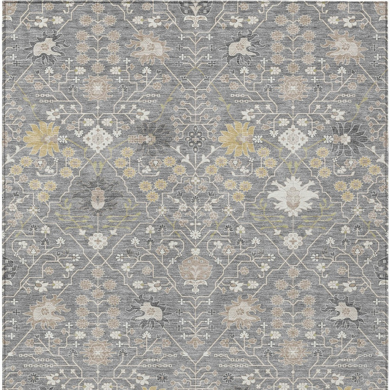 8' X 10' Gray Gold And Ivory Oriental Washable Indoor Outdoor Area Rug
