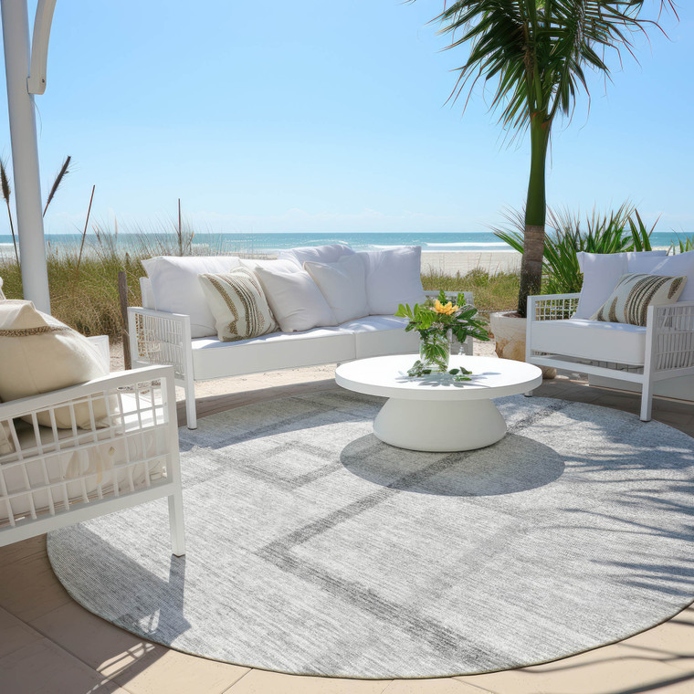 8' Gray Charcoal And Silver Round Geometric Washable Indoor Outdoor Area Rug Transitional Style - Gray, Charcoal, Silver Color