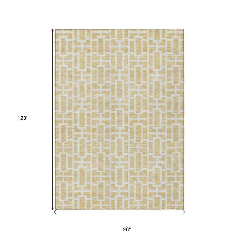 8' X 10' Wheat And Ivory Geometric Washable Indoor Outdoor Area Rug