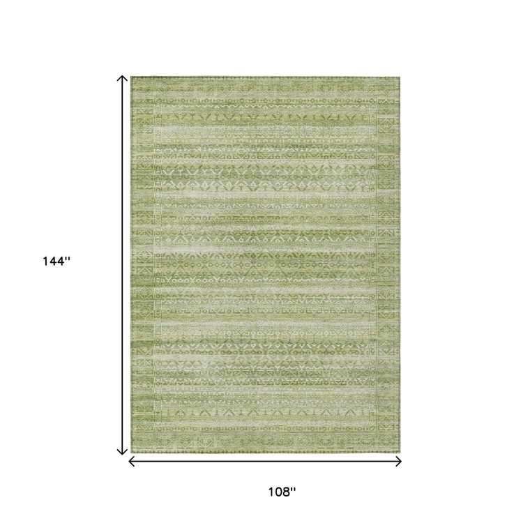 9' X 12' Sage And Ivory Striped Washable Indoor Outdoor Area Rug