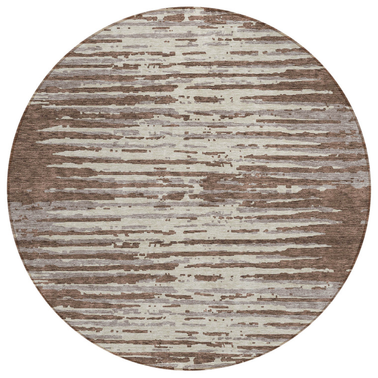 8' Brown Beige And Ivory Round Striped Washable Indoor Outdoor Area Rug - Brown, Beige, Ivory