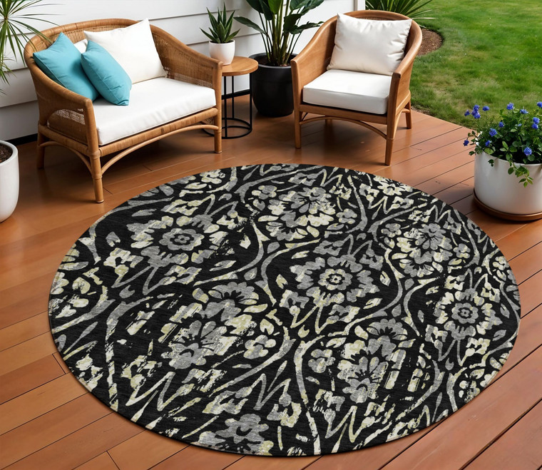 8' Black Gray And Ivory Round Floral Washable Indoor Outdoor Area Rug