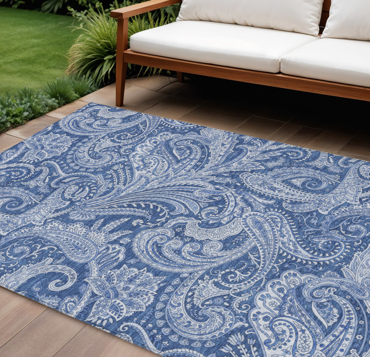 10' X 14' Navy Blue And Denim Blue Paisley Washable Indoor Outdoor Area Rug