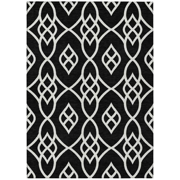 9' X 12' Black And Ivory Trellis Washable Indoor Outdoor Area Rug