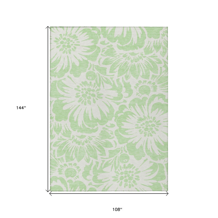 9' X 12' Mint Green and Ivory Floral Washable Non Skid Indoor Outdoor Area Rug