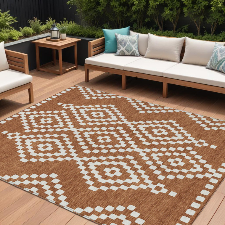 10' X 14' Terra Cotta And Ivory Geometric Washable Indoor Outdoor Area Rug - Terra Cotta, Ivory