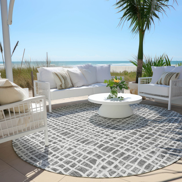 8' Gray Charcoal And Silver Round Striped Washable Indoor Outdoor Area Rug
