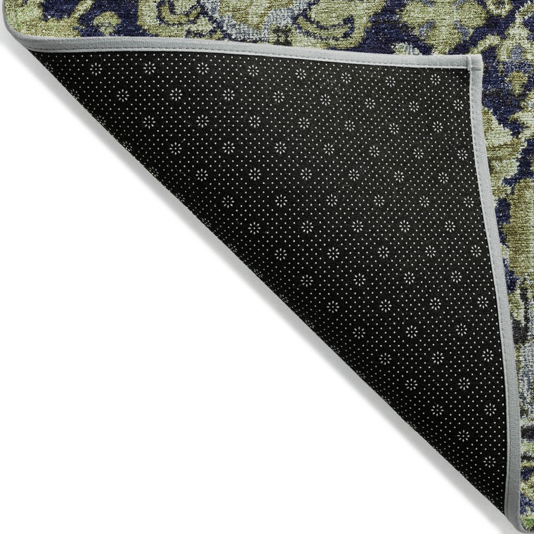 9' X 12' Fern Green And Blue Damask Washable Indoor Outdoor Area Rug