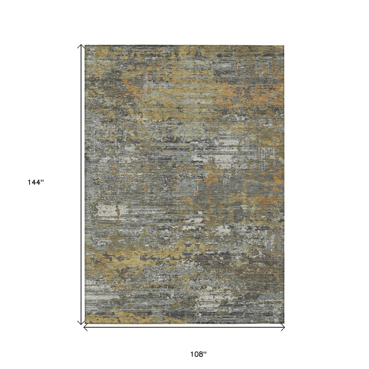 9' X 12' Gold And Taupe Abstract Washable Indoor Outdoor Area Rug