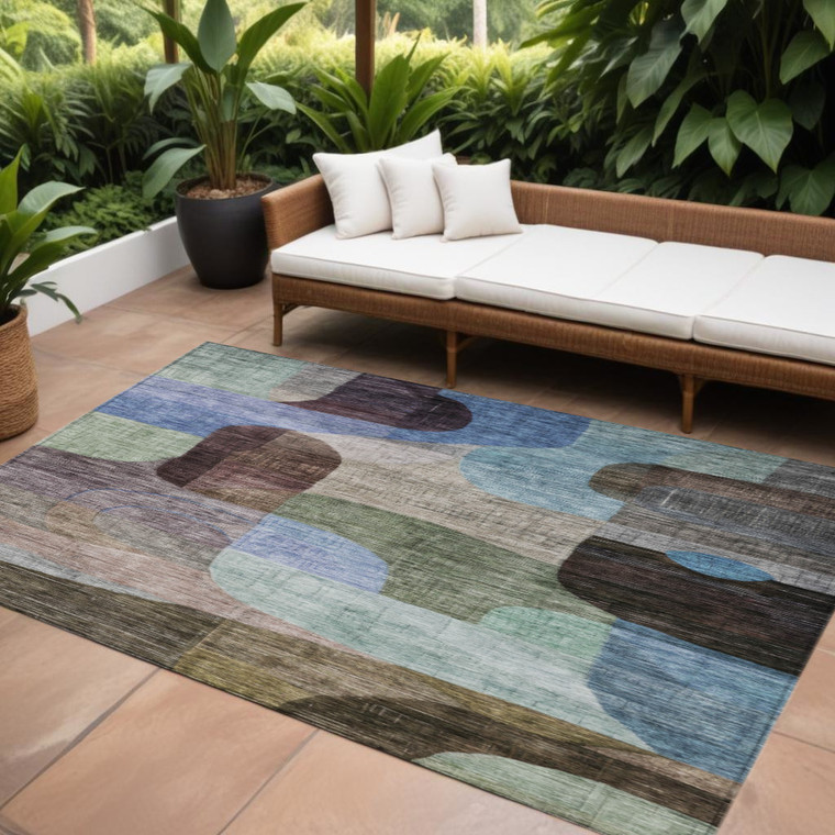 9' X 12' Brown Blue And Green Abstract Washable Indoor Outdoor Area Rug