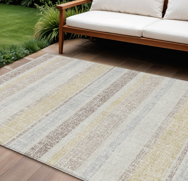 9' X 12' Ivory And Beige Striped Washable Indoor Outdoor Area Rug - Ivory, Beige