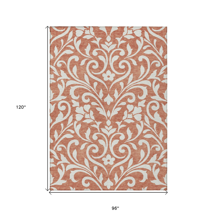 8' X 10' Salmon And Ivory Floral Washable Indoor Outdoor Area Rug