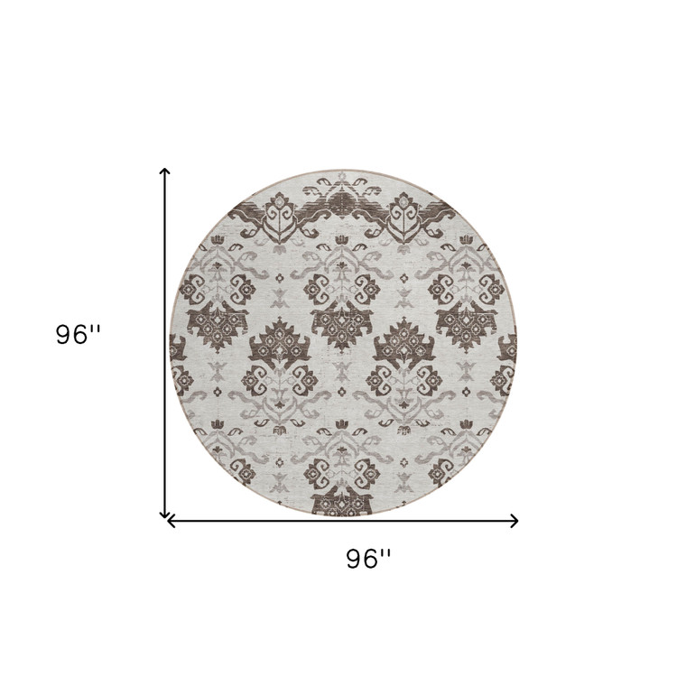 8' Chocolate Taupe And Beige Round Oriental Washable Indoor Outdoor Area Rug