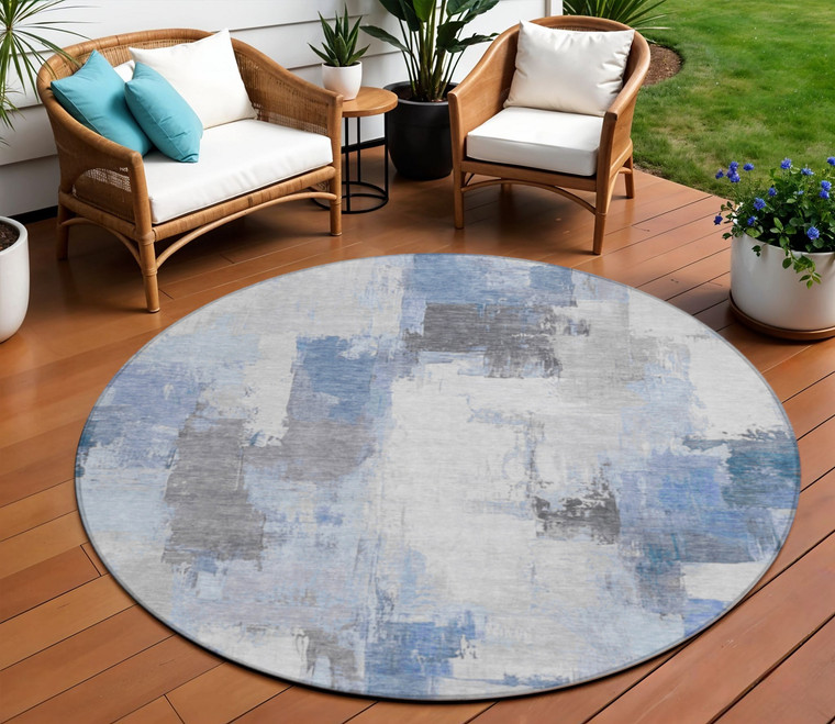 8' Denim Blue And Ivory Round Abstract Washable Indoor Outdoor Area Rug - 880016606287