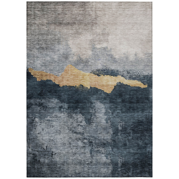 8' X 10' Blue Gray And Gold Abstract Washable Indoor Outdoor Area Rug
