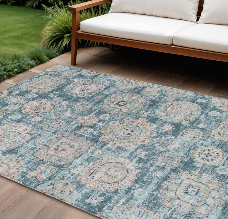 8' X 10' Teal Blue And Sky Blue Floral Washable Indoor Outdoor Area Rug