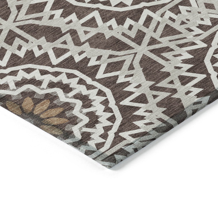 8' Chocolate Ivory And Taupe Round Floral Medallion Washable Indoor Outdoor Area Rug