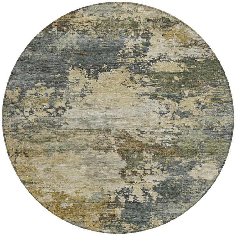 8' Gray Beige And Khaki Round Abstract Washable Indoor Outdoor Area Rug