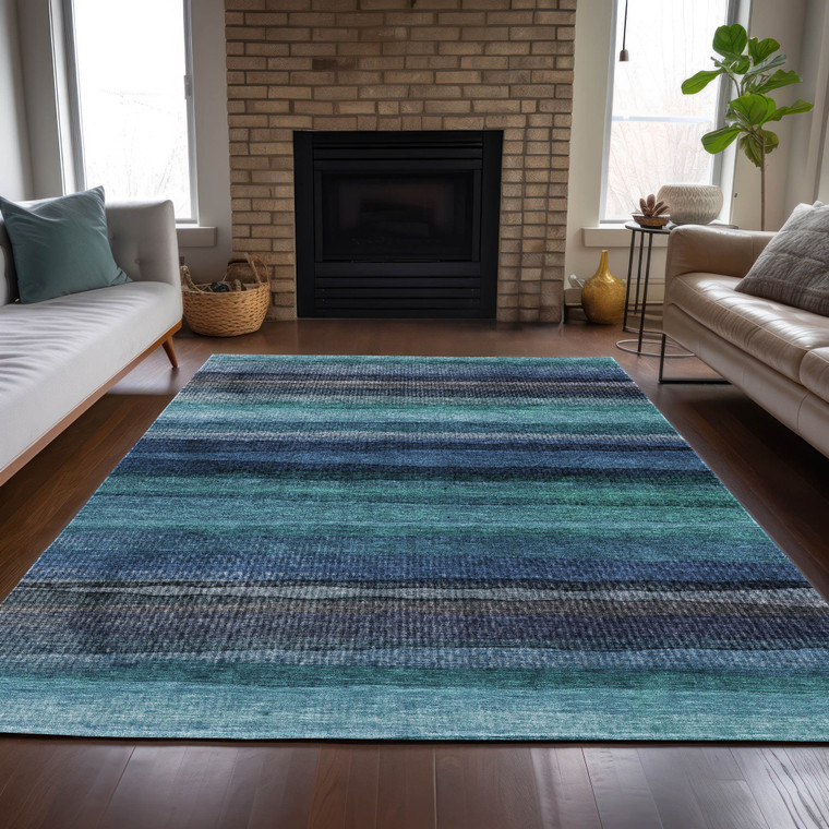 10' X 14' Teal Blue Aqua And Navy Blue Striped Washable Indoor Outdoor Area Rug