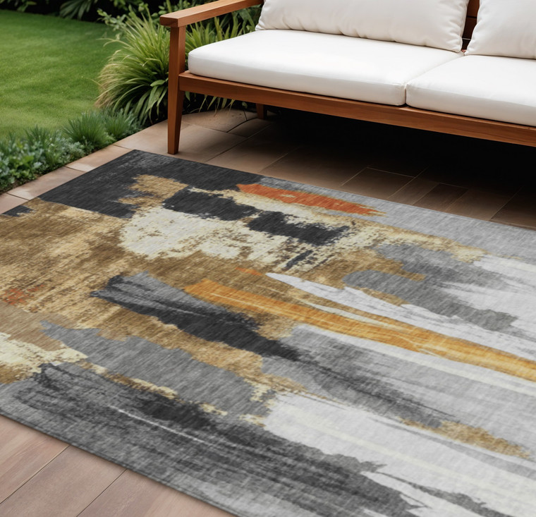 9' X 12' Black And Gold Abstract Washable Indoor Outdoor Area Rug
