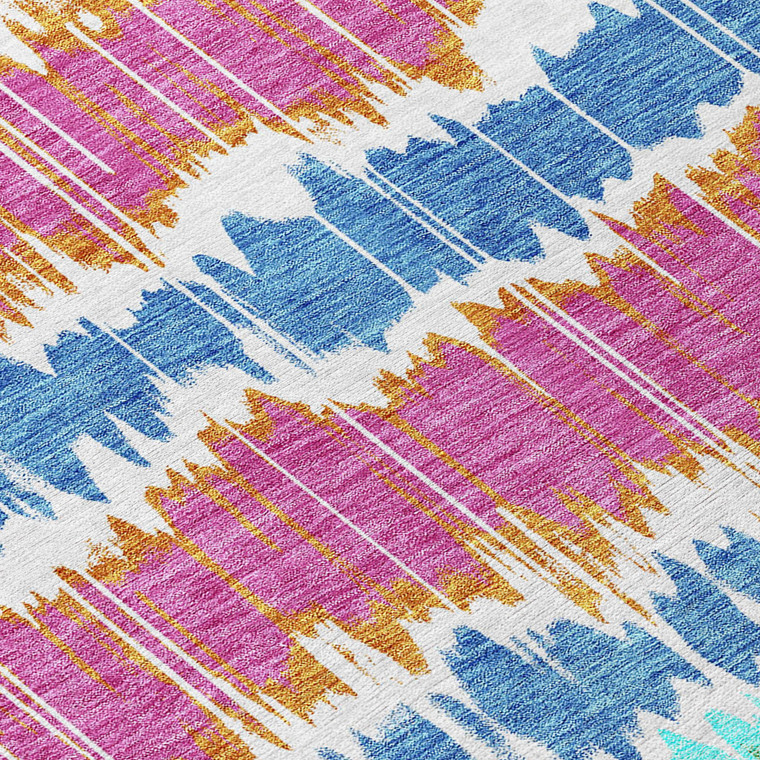 8' White Blue And Pink Round Striped Washable Indoor Outdoor Area Rug