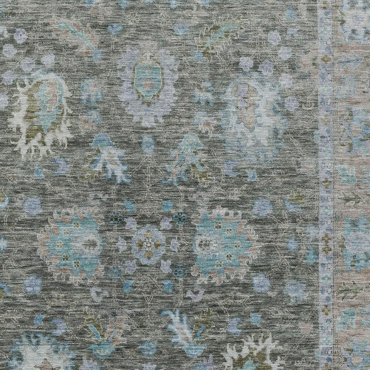 8' X 10' Fern Green And Denim Blue Floral Washable Indoor Outdoor Area Rug