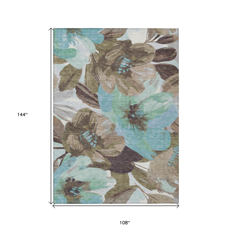 9' X 12' Khaki And Taupe Floral Washable Indoor Outdoor Area Rug