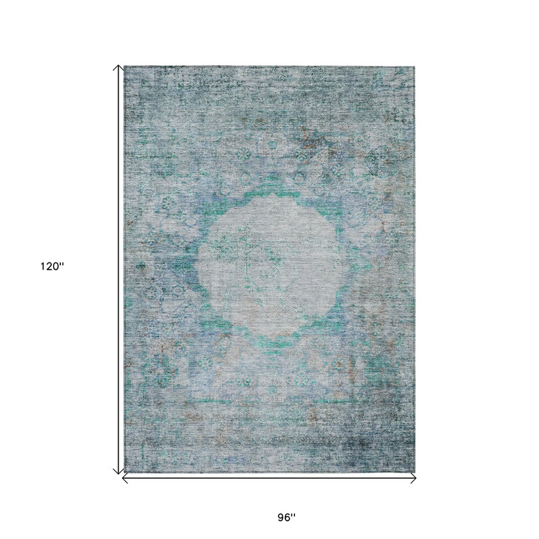 8' X 10' Teal Blue Aqua And Gray Oriental Washable Indoor Outdoor Area Rug