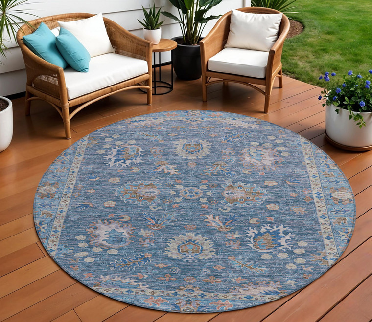 8' Blue And Beige Round Floral Washable Indoor Outdoor Area Rug