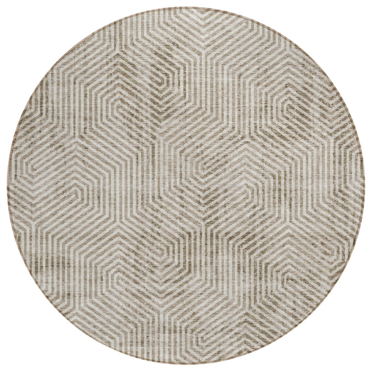 8' Taupe And Beige Round Geometric Washable Indoor Outdoor Area Rug
