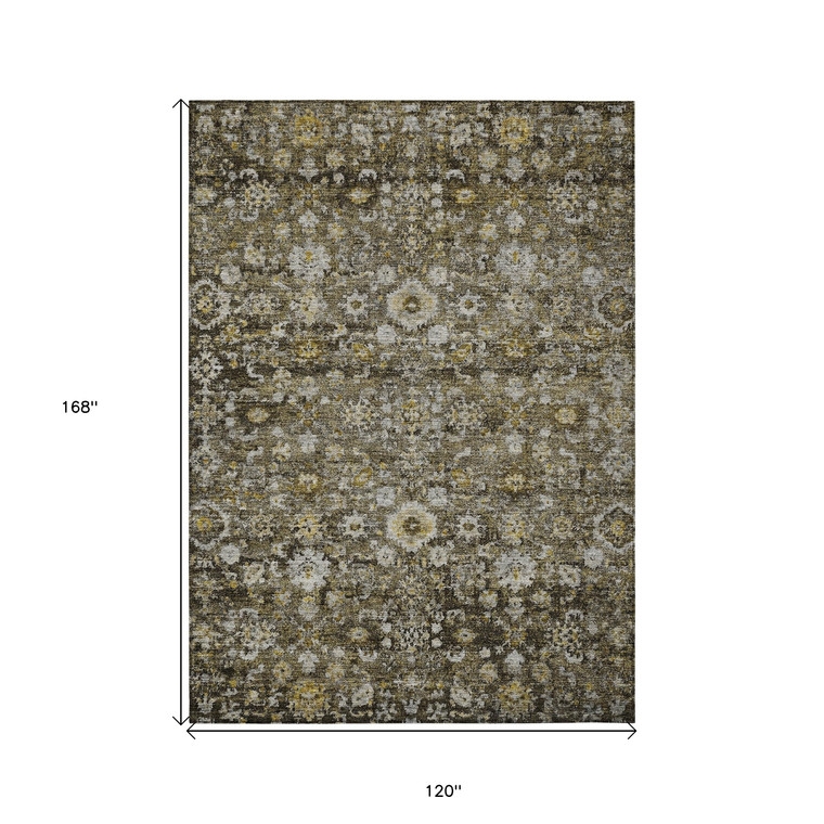 10' X 14' Brown And Beige Oriental Washable Indoor Outdoor Area Rug