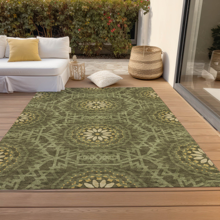 8' X 10' Olive Green Artichoke Green And Gold Floral Medallion Washable Indoor Outdoor Area Rug