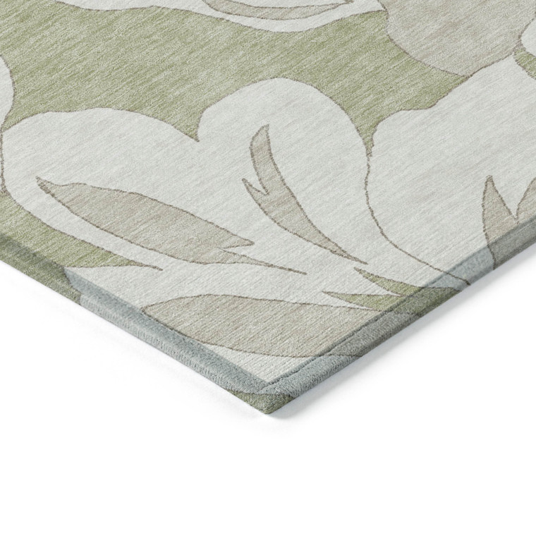 9' X 12' Artichoke Green Ivory And Taupe Floral Washable Indoor Outdoor Area Rug