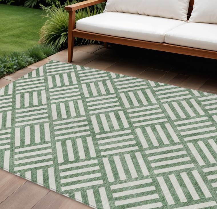 9' X 12' Green And Ivory Geometric Washable Indoor Outdoor Area Rug - 608219006426