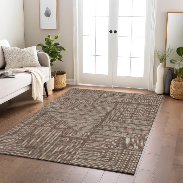 9' X 12' Brown And Ivory Geometric Washable Indoor Outdoor Area Rug Transitional Style - Brown, Ivory Color