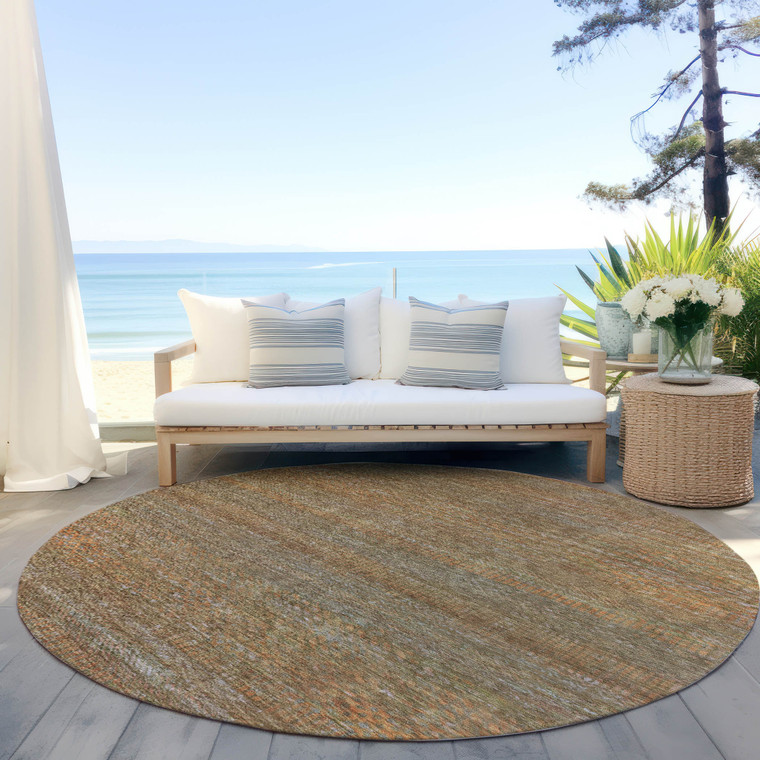 8' Taupe And Brown Round Striped Washable Indoor Outdoor Area Rug - Taupe, Brown
