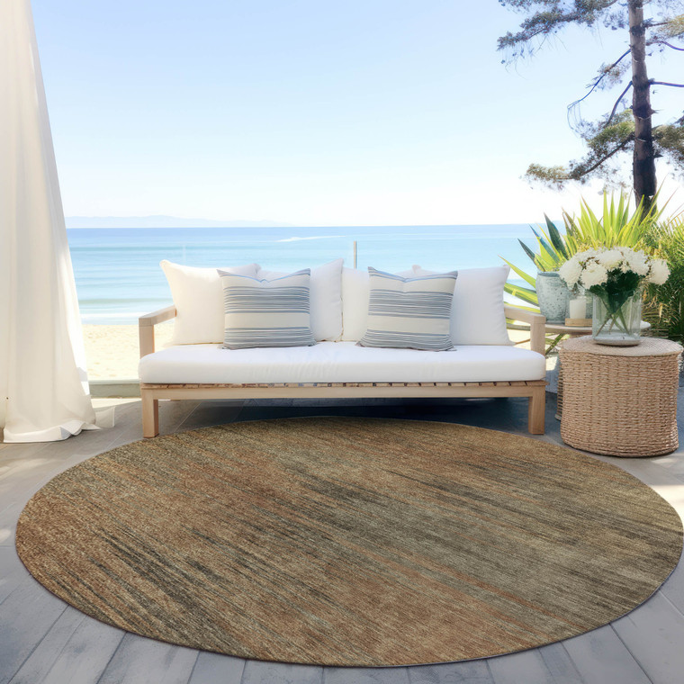 8' Terra Cotta Brown And Copper Round Abstract Washable Indoor Outdoor Area Rug