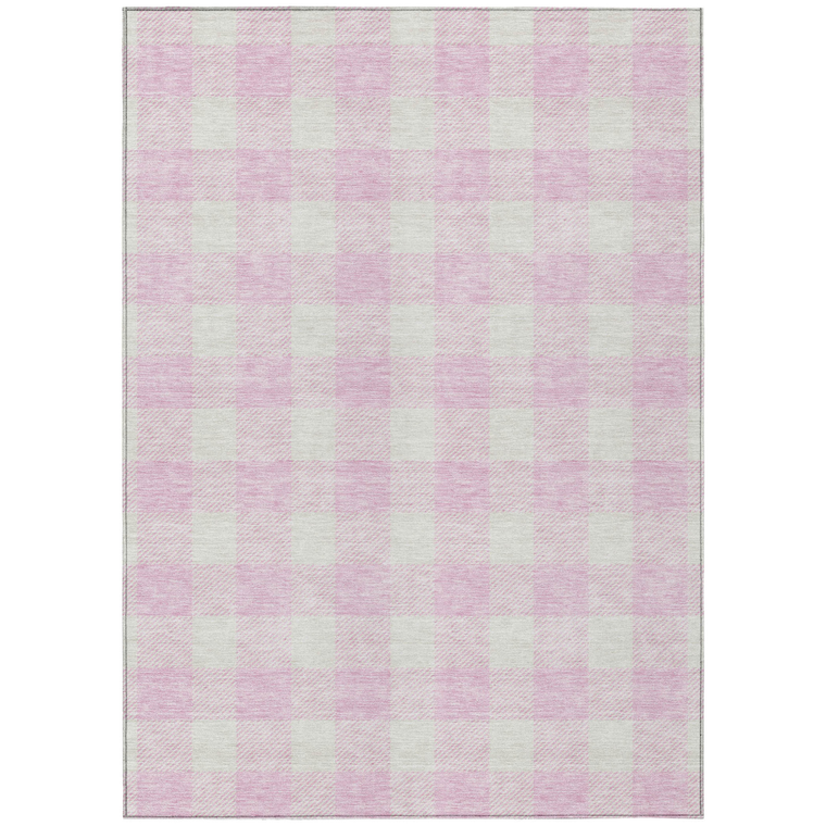 10' X 14' Pink And Gray Plaid Washable Indoor Outdoor Area Rug